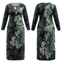 Pauliuli Hawai'i Hibiscus Family Matching Long Sleeve Bodycon Dress and Hawaiian Shirt Polynesian Tribal Tattoo Pattern Floral Elements