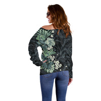 Pauliuli Hawai'i Hibiscus Off Shoulder Sweater Polynesian Tribal Tattoo Pattern Floral Elements