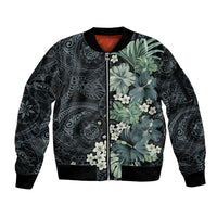 Pauliuli Hawai'i Hibiscus Sleeve Zip Bomber Jacket Polynesian Tribal Tattoo Pattern Floral Elements