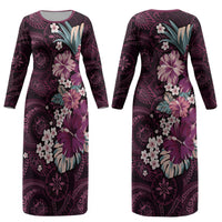 Poni Mama Hawai'i Hibiscus Couples Matching Long Sleeve Bodycon Dress and Hawaiian Shirt Polynesian Tribal Tattoo Pattern Floral Elements