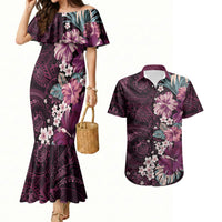 Poni Mama Hawai'i Hibiscus Couples Matching Mermaid Dress and Hawaiian Shirt Polynesian Tribal Tattoo Pattern Floral Elements