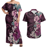 Poni Mama Hawai'i Hibiscus Couples Matching Off Shoulder Maxi Dress and Hawaiian Shirt Polynesian Tribal Tattoo Pattern Floral Elements