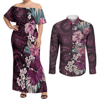 Poni Mama Hawai'i Hibiscus Couples Matching Off Shoulder Maxi Dress and Long Sleeve Button Shirt Polynesian Tribal Tattoo Pattern Floral Elements