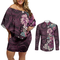 Poni Mama Hawai'i Hibiscus Couples Matching Off Shoulder Short Dress and Long Sleeve Button Shirt Polynesian Tribal Tattoo Pattern Floral Elements