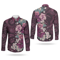 Poni Mama Hawai'i Hibiscus Couples Matching Off Shoulder Short Dress and Long Sleeve Button Shirt Polynesian Tribal Tattoo Pattern Floral Elements
