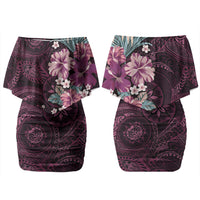 Poni Mama Hawai'i Hibiscus Couples Matching Off Shoulder Short Dress and Long Sleeve Button Shirt Polynesian Tribal Tattoo Pattern Floral Elements