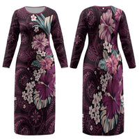 Poni Mama Hawai'i Hibiscus Family Matching Long Sleeve Bodycon Dress and Hawaiian Shirt Polynesian Tribal Tattoo Pattern Floral Elements
