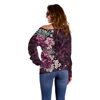Poni Mama Hawai'i Hibiscus Off Shoulder Sweater Polynesian Tribal Tattoo Pattern Floral Elements