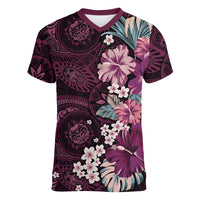 Poni Mama Hawai'i Hibiscus Women V-Neck T-Shirt Polynesian Tribal Tattoo Pattern Floral Elements