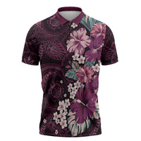 Poni Mama Hawai'i Hibiscus Zipper Polo Shirt Polynesian Tribal Tattoo Pattern Floral Elements