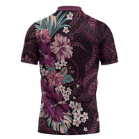 Poni Mama Hawai'i Hibiscus Zipper Polo Shirt Polynesian Tribal Tattoo Pattern Floral Elements
