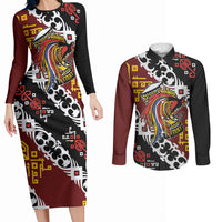 Personalised Papua New Guinea Bird Drum Couples Matching Long Sleeve Bodycon Dress and Long Sleeve Button Shirt Papuan Batik Motif