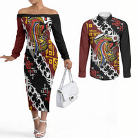 Personalised Papua New Guinea Bird Drum Couples Matching Off The Shoulder Long Sleeve Dress and Long Sleeve Button Shirt Papuan Batik Motif