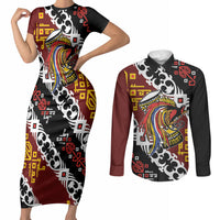 Personalised Papua New Guinea Bird Drum Couples Matching Short Sleeve Bodycon Dress and Long Sleeve Button Shirt Papuan Batik Motif
