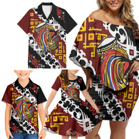 Personalised Papua New Guinea Bird Drum Family Matching Off Shoulder Short Dress and Hawaiian Shirt Papuan Batik Motif