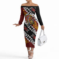 Personalised Papua New Guinea Bird Drum Off The Shoulder Long Sleeve Dress Papuan Batik Motif
