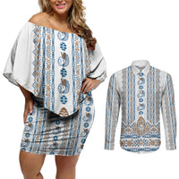 Personalised Papua New Guinea Bird Ethnic Couples Matching Off Shoulder Short Dress and Long Sleeve Button Shirt Papuan Batik Inspired Pattern
