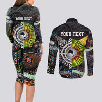 Personalised New Zealand and Australia Couples Matching Long Sleeve Bodycon Dress and Long Sleeve Button Shirt Maori Mix Aboriginal Art Style LT9 - Polynesian Pride