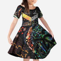 Personalised New Zealand and Australia Family Matching Off The Shoulder Long Sleeve Dress and Hawaiian Shirt Maori Mix Aboriginal Art Style LT9 Daughter's Dress Black - Polynesian Pride
