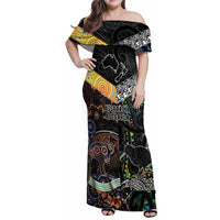 Personalised New Zealand and Australia Family Matching Off Shoulder Maxi Dress and Hawaiian Shirt Maori Mix Aboriginal Art Style LT9 Mom's Dress Black - Polynesian Pride
