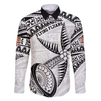 Custom Fiji Rugby Pacific Family Matching Off The Shoulder Long Sleeve Dress and Hawaiian Shirt Polynesian Palm Tattoo LT9 Dad's Shirt - Long Sleeve White - Polynesian Pride