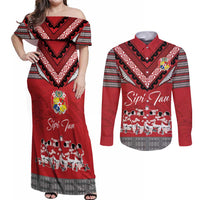 Personalised Tonga Rugby Pacific Couples Matching Off Shoulder Maxi Dress and Long Sleeve Button Shirt Ikale Tahi Sipi Tau LT9 Red - Polynesian Pride