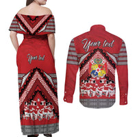 Personalised Tonga Rugby Pacific Couples Matching Off Shoulder Maxi Dress and Long Sleeve Button Shirt Ikale Tahi Sipi Tau LT9 - Polynesian Pride