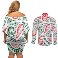 New Zealand Kowhaiwhai Christmas Couples Matching Off Shoulder Short Dress and Long Sleeve Button Shirt Traditional Maori Koru Pattern LT9 - Polynesian Pride