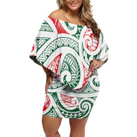 New Zealand Kowhaiwhai Christmas Family Matching Off Shoulder Short Dress and Hawaiian Shirt Traditional Maori Koru Pattern LT9 Mom's Dress White - Polynesian Pride