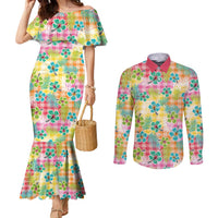 Hawaiian Palaka Couples Matching Mermaid Dress and Long Sleeve Button Shirt Hibiscus Palm Leaf Pattern - Polynesian Pride