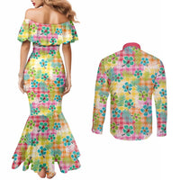 Hawaiian Palaka Couples Matching Mermaid Dress and Long Sleeve Button Shirt Hibiscus Palm Leaf Pattern - Polynesian Pride