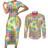 Hawaiian Palaka Couples Matching Short Sleeve Bodycon Dress and Long Sleeve Button Shirt Hibiscus Palm Leaf Pattern LT9 Yellow - Polynesian Pride