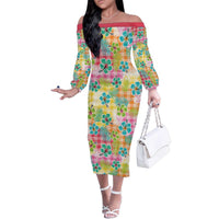 Hawaiian Palaka Family Matching Off The Shoulder Long Sleeve Dress and Hawaiian Shirt Hibiscus Palm Leaf Pattern - Polynesian Pride