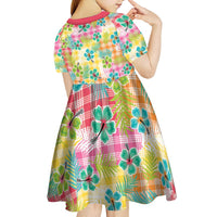 Hawaiian Palaka Kid Short Sleeve Dress Hibiscus Palm Leaf Pattern - Polynesian Pride