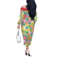 Hawaiian Palaka Off The Shoulder Long Sleeve Dress Hibiscus Palm Leaf Pattern LT9 - Polynesian Pride
