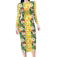 Hawaiian Palaka Family Matching Long Sleeve Bodycon Dress and Hawaiian Shirt Hibiscus Pineapple Lei LT9 Mom's Dress Yellow - Polynesian Pride