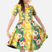 Hawaiian Palaka Family Matching Off The Shoulder Long Sleeve Dress and Hawaiian Shirt Hibiscus Pineapple Lei LT9 Daughter's Dress Yellow - Polynesian Pride