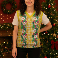 Hawaiian Palaka Christmas Knitted V-Neck Vest Hibiscus Pineapple Lei - Polynesian Pride