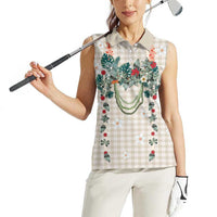 Brown Hawaiian Palaka Women Sleeveless Polo Shirt Kukui Nut Money Lei - Polynesian Pride