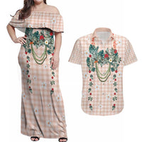 Peach Hawaiian Palaka Couples Matching Off Shoulder Maxi Dress and Hawaiian Shirt Kukui Nut Money Lei - Polynesian Pride