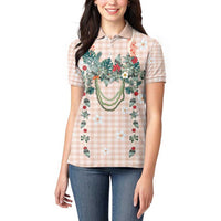 Peach Hawaiian Palaka Women Polo Shirt Kukui Nut Money Lei - Polynesian Pride