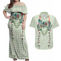 Sage Green Hawaiian Palaka Couples Matching Off Shoulder Maxi Dress and Hawaiian Shirt Kukui Nut Money Lei LT9 Green - Polynesian Pride