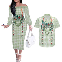 Sage Green Hawaiian Palaka Couples Matching Off The Shoulder Long Sleeve Dress and Hawaiian Shirt Kukui Nut Money Lei LT9 Green - Polynesian Pride