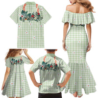 Sage Green Hawaiian Palaka Family Matching Mermaid Dress and Hawaiian Shirt Kukui Nut Money Lei LT9 - Polynesian Pride