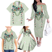 Sage Green Hawaiian Palaka Family Matching Off The Shoulder Long Sleeve Dress and Hawaiian Shirt Kukui Nut Money Lei LT9 - Polynesian Pride