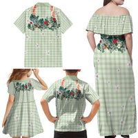 Sage Green Hawaiian Palaka Family Matching Off Shoulder Maxi Dress and Hawaiian Shirt Kukui Nut Money Lei LT9 - Polynesian Pride