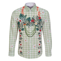 Sage Green Hawaiian Palaka Family Matching Summer Maxi Dress and Hawaiian Shirt Kukui Nut Money Lei LT9 Dad's Shirt - Long Sleeve Green - Polynesian Pride