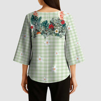 Sage Green Hawaiian Palaka Kimono Sleeve Blouse Kukui Nut Money Lei - Polynesian Pride