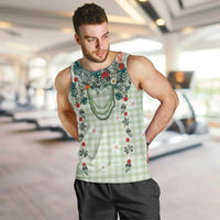 Sage Green Hawaiian Palaka Men Tank Top Kukui Nut Money Lei - Polynesian Pride
