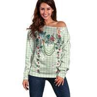Sage Green Hawaiian Palaka Off Shoulder Sweater Kukui Nut Money Lei - Polynesian Pride